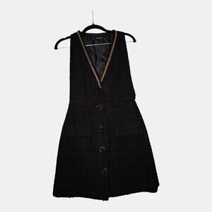 ZARA Basic Tweed Vest Dress Black Gold Chain Trim Button Front Sleeveless Size S